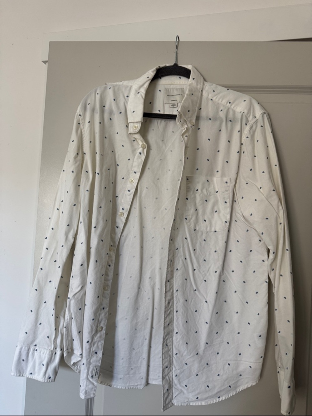 American Eagle Outfitters White Button-Down Shirt with Navy Dot Print